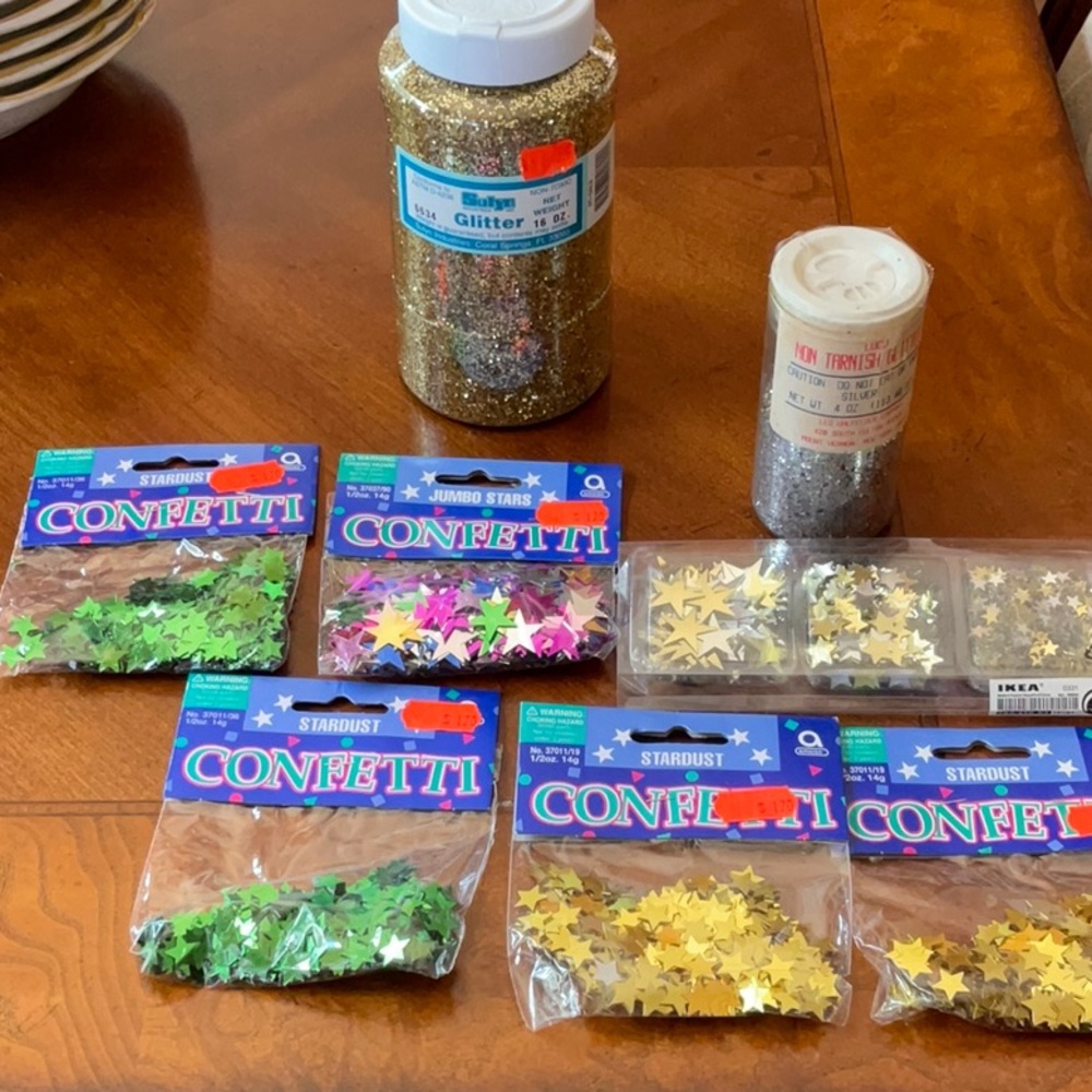 Vintage glitter & Confetti Stars party table decor, gold green multi color Lot